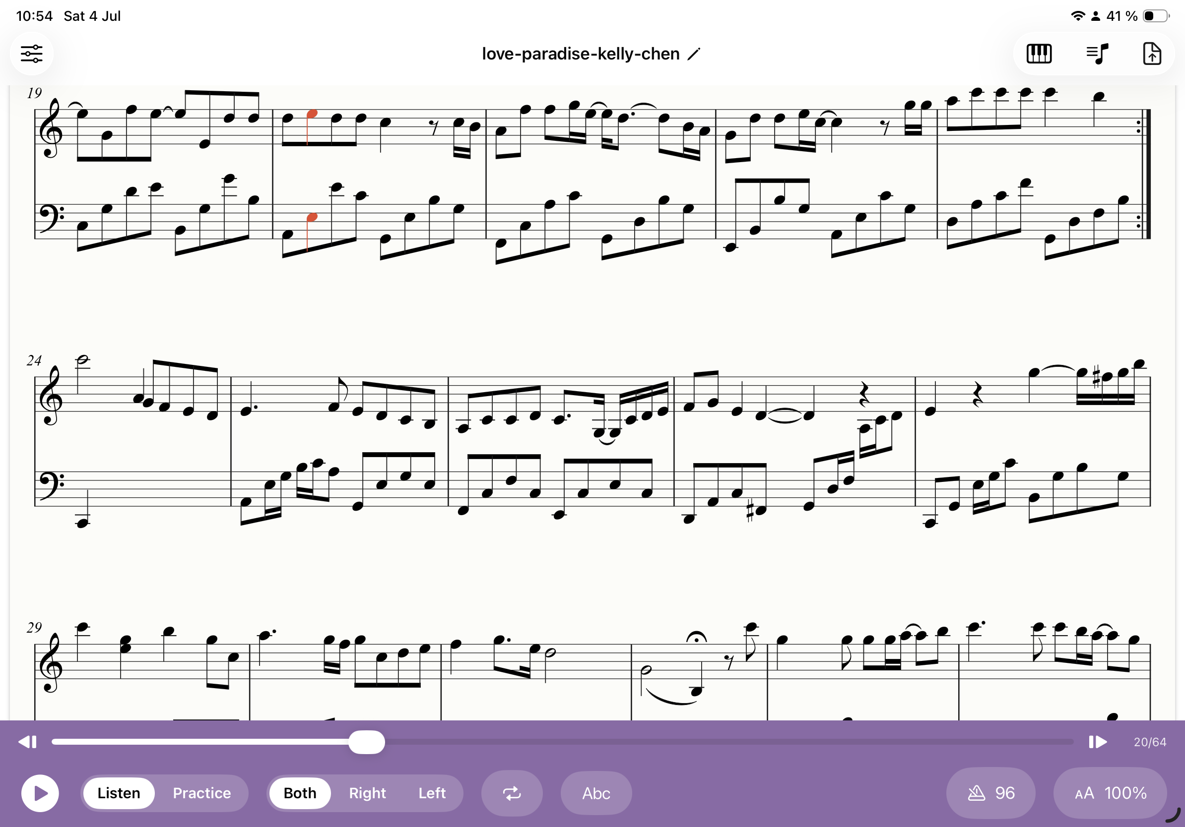 Klavia Listen mode: engraved sheet music with a moving cursor following the notes