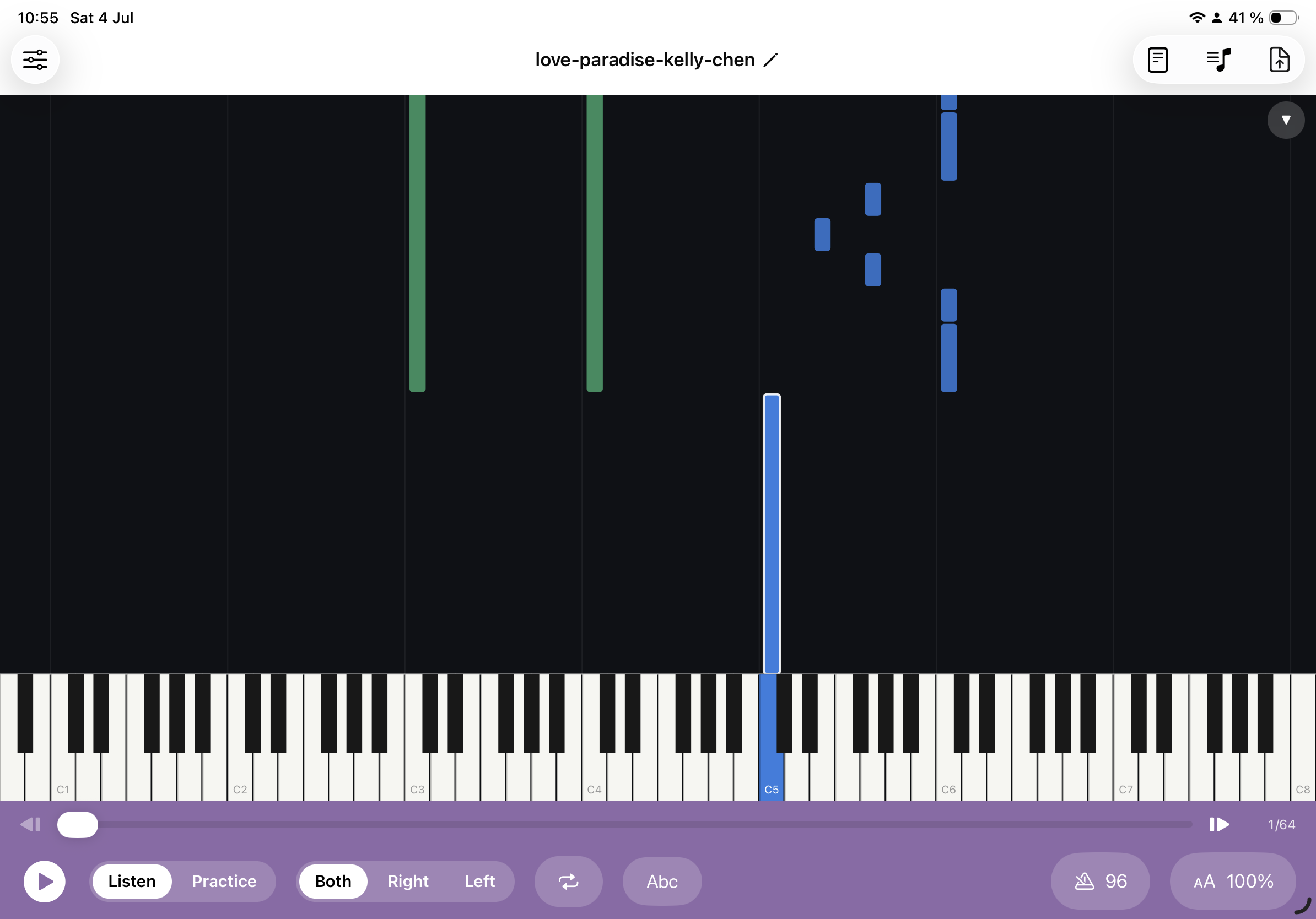 Synthesia-style falling notes dropping onto an 88-key keyboard