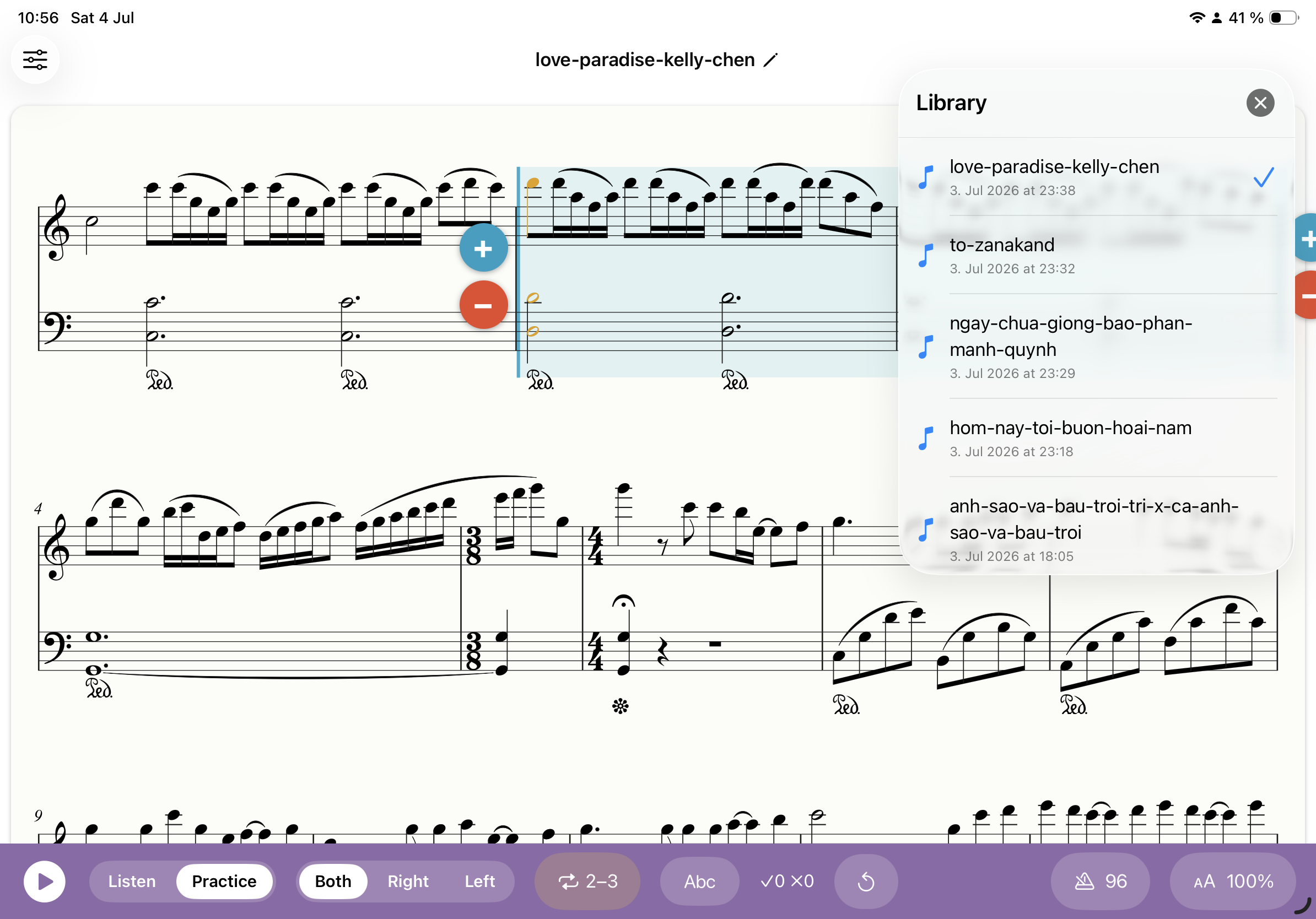 Klavia library showing several uploaded songs and a bar-range loop selection