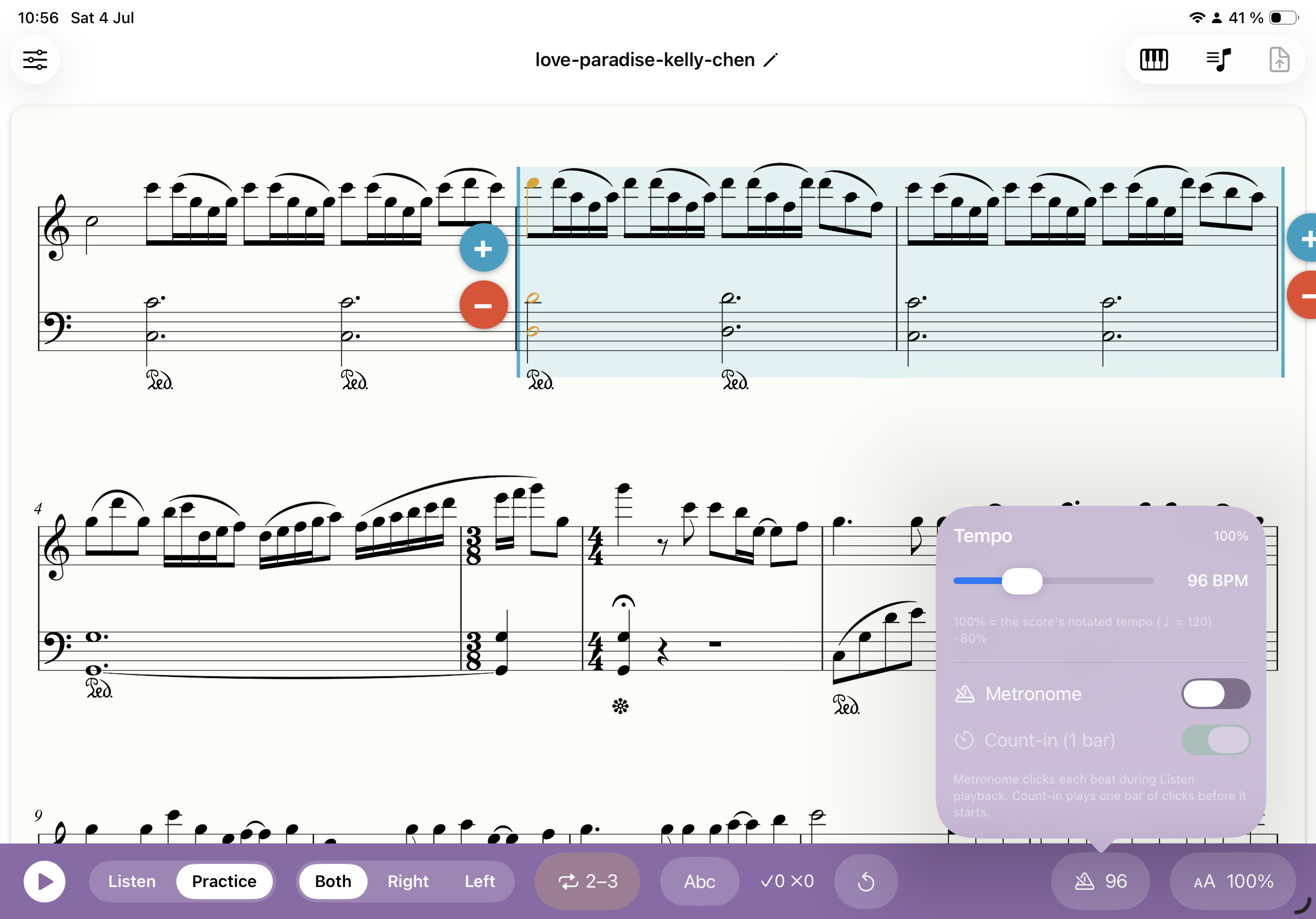 Klavia tempo popover with a BPM slider, metronome and count-in toggles